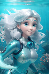 Oceanic Grace: Portrait of an Underwater Girl, Bathed in Subtle Hues of Aquatic Light, Reflecting the Serenity and Beauty of the Deep Blue World, generative ai