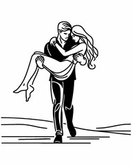The guy carries the girl in his arms.
