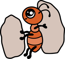 Line art ant with rock