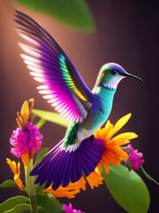 Fototapeta premium A hummingbird feeding on honey from a flower Vibrant color background, AI Generated.