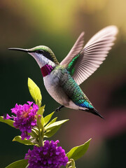 Fototapeta premium A hummingbird feeding on honey from a flower Vibrant color background, AI Generated.