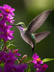 A hummingbird feeding on honey from a flower Vibrant color background, AI Generated.