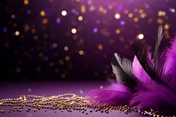 Foto op Canvas Feathers on a purple background, suitable for design with copy space, Mardi Gras celebration. © Мария Фадеева
