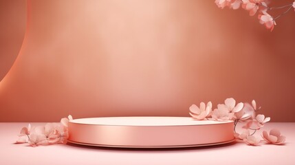promotional product circle podium with flowers in pink - peach color, mockup, banner