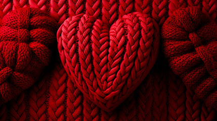 three red hearts, knitted ball of red wool, woven wool pattern, red wool sweater. concept of love, valentine's day, affection, wedding day. AI generated - 689815466