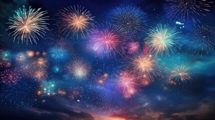 Naklejka premium magic of celebration with a stunning image of bright multi-colored fireworks lighting up the dark sky.