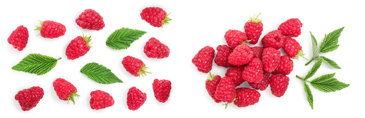 raspberries with leaves isolated on white background. Top view. Flat lay
