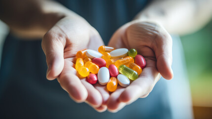 A person holding a handful of pills in their hands. - obrazy, fototapety, plakaty