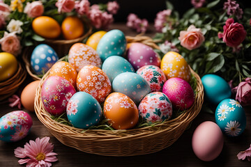 Fototapeta na wymiar Basket with bright floral Easter eggs. Close-up photo.