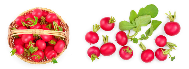 fresh whole radish in wicker basket isolated on white background. Top view
