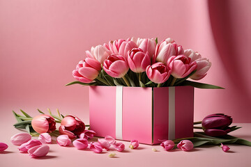 Gift box with a bouquet of pink tulips. Greeting card for International Women's Day, Mother's Day, Valentine's Day, Birthday