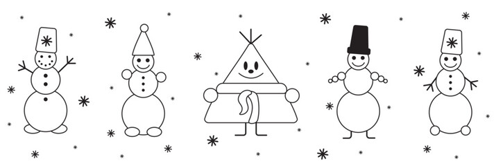 Set of cute white snowmen with hat, buttons and falling snowflackes in outline style on white background for Christmas, New year, greeting cards, wallpapers, wrapping