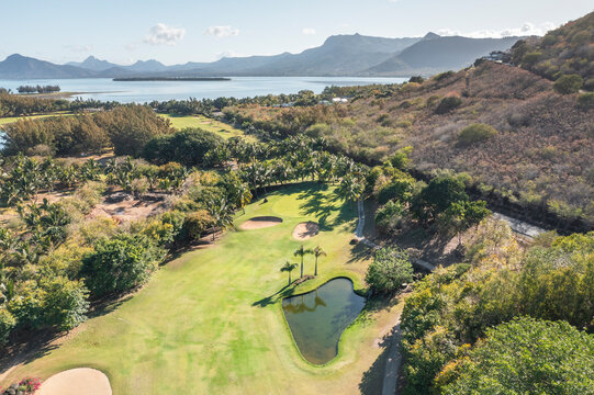 Aerial view of a golf court at sunrise, Rivière du Rempart, Mauritius.