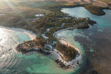 Arial view of a hotel and resort along the Blue Bay Marine Park coastline, Grand Port, Mauritius.