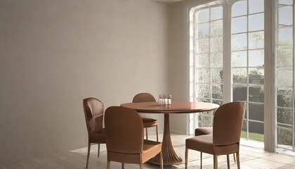 Round dining table and brown leather chairs against window and stucco wall. Minimalist interior design of modern dining room.