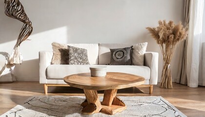 Round wood coffee table near white sofa with grey pillows. Boho, ethnic, tribal style home interior design of modern living room.
