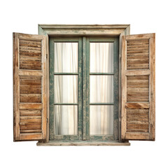 Old wooden window with curtains, cut out