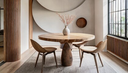 Round wood slab dining table and curved chairs in small room. Japandi style home interior design of modern dining room