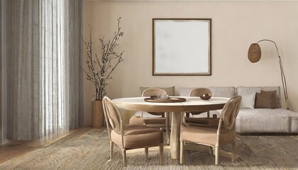 Round wooden dining table and rustic chairs against beige sofa near wall with art frame. Japandi interior design of modern dining room.