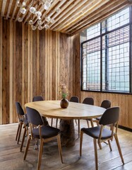Round wooden slab dining table and chairs around it against barn wood board paneling wall. Japandi interior design of modern dining room.