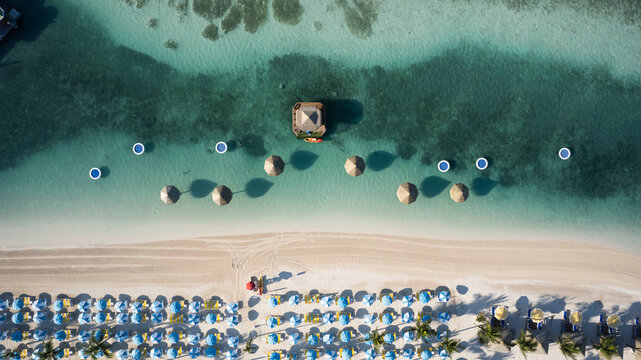 Aerial view of the floating bar at CocoCay, the Bahamas.
