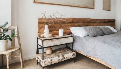 Rustic bedside table made from wood log near bed. Farmhouse interior design of modern bedroom.
