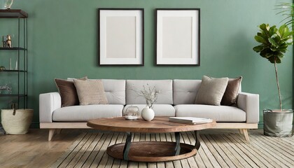 Rustic coffee table near sofa against mint color wall with frame poster. Scandinavian home interior design of modern living room in farmhouse.