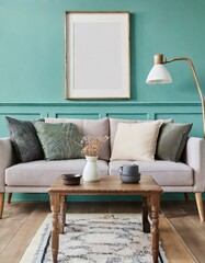 Rustic coffee table near sofa against mint color wall with frame poster. Scandinavian home interior design of modern living room in farmhouse.