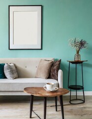Rustic coffee table near sofa against mint color wall with frame poster. Scandinavian home interior design of modern living room in farmhouse.