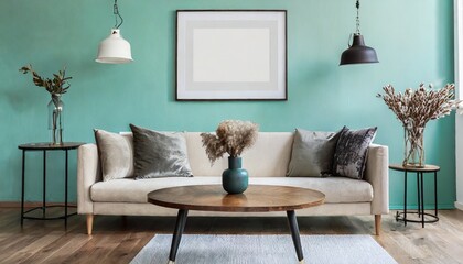 Rustic coffee table near sofa against mint color wall with frame poster. Scandinavian home interior design of modern living room in farmhouse.