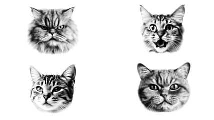 Set of cat faces in black. Paper cutout elements with. Trendy vintage newspaper pieces. Collage of halftone. Transparent background. PNG.