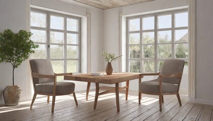 Fototapeta premium Rustic live edge table and wooden armchairs against of windows. Scandinavian interior design of modern living room.