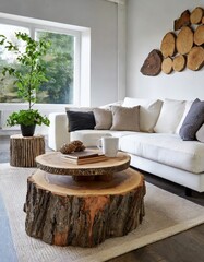 Rustic live edge tree stump accent coffee table near white corner sofa Scandinavian home interior design
