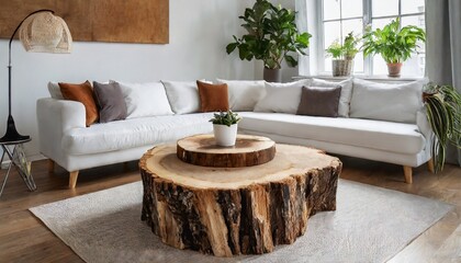 Rustic live edge tree stump accent coffee table near white corner sofa Scandinavian home interior design