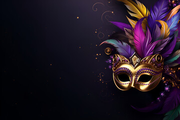Carnival mask on a dark background, suitable for design with copy space, Mardi Gras celebration. - obrazy, fototapety, plakaty