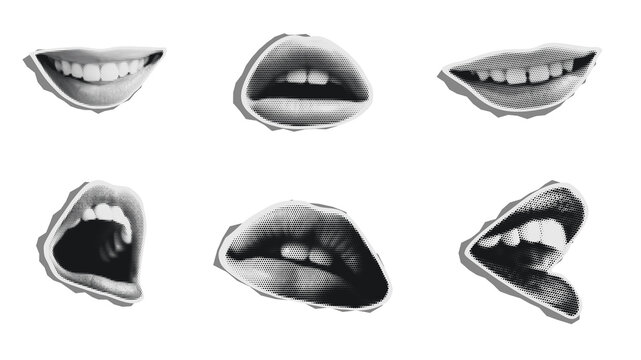 Set of retro lips in halftone. Paper cutout elements with lips and teeth . Y2K style. Trendy vintage newspaper pieces. Torn paper. Halftone collage elements. Screaming and kissing mouth.