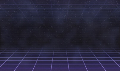 Laser Neon Grid With Stars and Mist. Retro Futuristic Design in 80s Style. Synthwave, Retrowave, Vaporwave Theme
