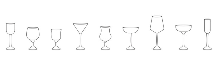 Set of various glasses for alcohol and non alcohol drinks in outline style in row on white background for icons, posters, patterns, webs, apps, wrapping	