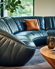 A living room with a Social Seating trend, featuring a curvaceous modern sofa as a focal point. Leather and metal textures, neutral palette, conversational atmosphere.