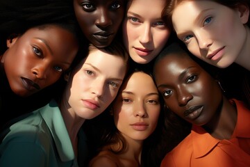 Obraz premium A group of women with colorful faces are posing in the style of high-angle portraits with soft lighting, dark bronze, and white.