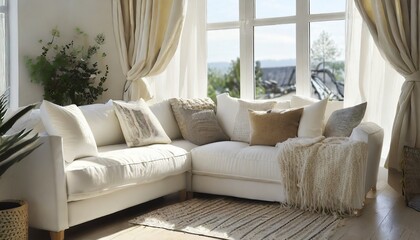 Fototapeta premium Scandinavian style, hygge interior design of modern living room with white sofa, plaid, plants and window