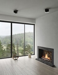 Spacious minimalist room with fireplace and floor to ceiling window with foggy forest view. Scandinavian home interior design of modern living room