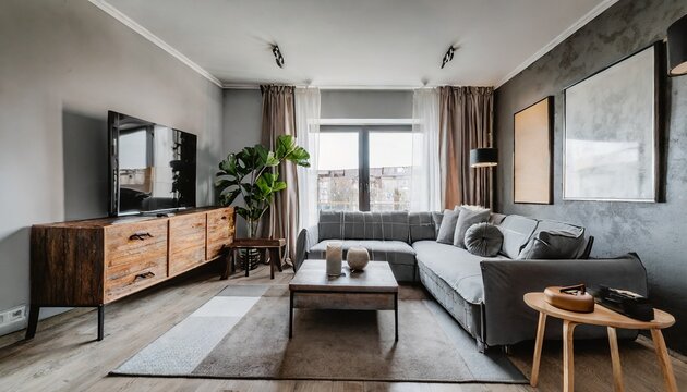 Studio apartment with grey sofa against window and wooden cabinet Interior design of modern living room