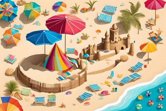 Vector art depicting a serene beach scene with a colorful beach umbrella and sandcastle, intricate details showcasing the texture of the sand and the vibrant hues of the umbrella