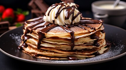 Two plates with homemade pancakes or crepes filled with almond cream and chocolate, and chocolate threads covering a high view of 45 degrees are exquisite. - obrazy, fototapety, plakaty