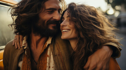 Fototapeta premium A happy hippie couple in love in the style of the 70s