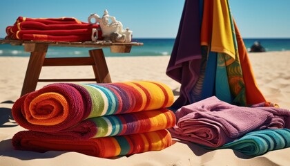 Fototapeta na wymiar Towels and Teapots on a Sunny Beach Day