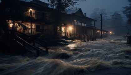 A Nighttime Street Flooded with Rising Waters