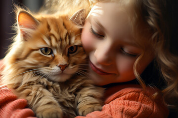 A cute girl with red hair hugs a red cat