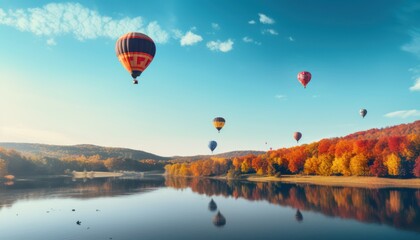 Hot Air Balloons Floating Above a Serene Lake